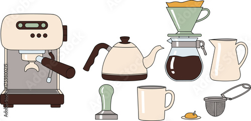 Coffee Brewing Equipment Still Life: Espresso Machine, Kettle, Pour Over, Tamper, Mug Illustration for Cafe Business Branding and Beverage Industry Presentation in Minimalist Style Design Template (19