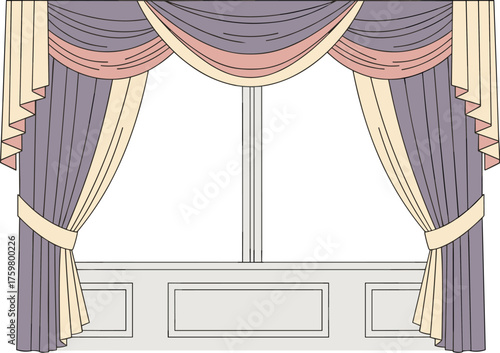 Elegant Window Treatment Design with Swag and Cascades for Interior Decor, Home Improvement, or Theatrical Backdrop in Rich Purple and Beige Palette, Enhancing Ambience, Adding Sophistication and Styl