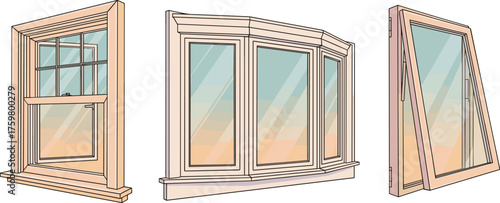 Architectural Window Styles Illustration: Casement, Bay, and Sash Designs for Home Renovation, New Construction Projects - Ideal for Architecture Firms, Interior Design, Real Estate Marketing Material