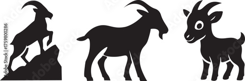 Set of goat silhouettes, featuring a climbing goat, a standing goat, and a baby goat, isolated on transparent background