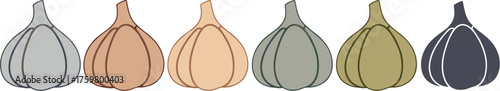 Chromatic Garlic Bulbs Assortment: Culinary Herb Heads Displayed in a Row, Representing Flavor Variety, Organic Farming, and Gastronomy. Ideal for Cooking Concepts, Food Illustration, Restaurant Menus