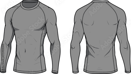 Long sleeve athletic shirt, front and back view, performance wear, form-fitting, synthetic fabric, seam detail, crew neck, sports apparel