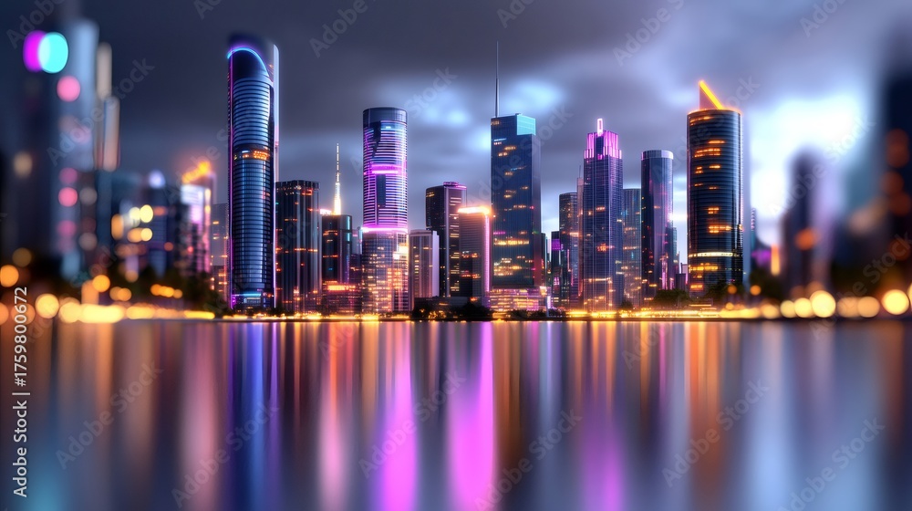 Fototapeta premium Futuristic neon cityscape at night, glowing cyberpunk landscape