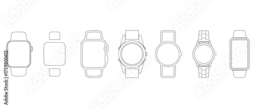 Smart Watches Wireframe Outline Icons set of Minimal Wristwatch Design Collection. Vector Illustration