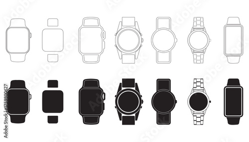 Smart Watches Wireframe Outline Icons Set and Smartwatch Silhouette Vector Set of Modern Wearable Technology Icons
