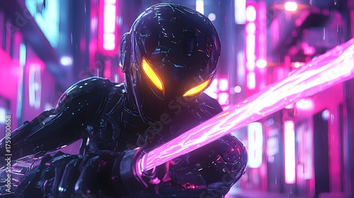 Futuristic warrior wielding energy sword in a neon-lit cyberpunk city