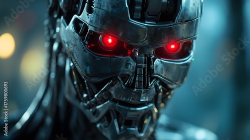 Close-up of a futuristic robot with glowing red eyes, cinematic lighting