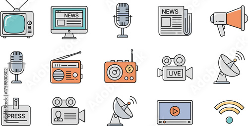 Media Communication Icons Set Illustrating Broadcasting News Updates and Information Sharing in Digital Age for Journalism, Entertainment, Public Relations, Marketing, Advertising, Presentation, Moder