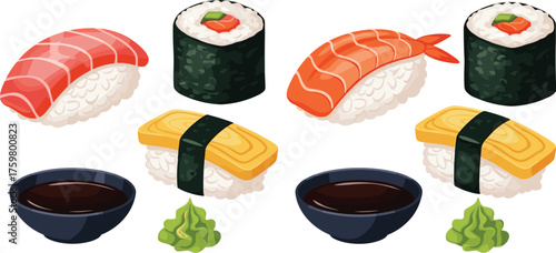 Assorted Sushi Platter Still Life: Japanese Cuisine Selection with Salmon Nigiri, Maki Rolls, Tamago, Soy Sauce, and Wasabi in Minimalist Style for Restaurant Menu, Asian Food Blog, or Culinary Presen