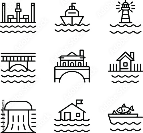 Minimalist black line art collection featuring sea waves, lighthouse, boat, pier, beach house, sunset,