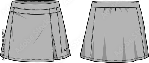 Gray athletic skirt, front and back view, Nike logo, pleated design, sportswear, activewear, fitness fashion, elastic waistband, durable stitching