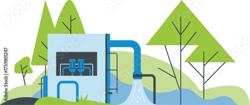 Modern compact nuclear reactor design in forest environment, clean energy technology illustration showing sustainable power generation and advanced engineering innovation