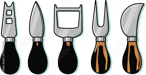 Artisanal Cheese Knives Collection: A Set of Traditional Stainless Steel Cutlery with Wooden Handles for Gourmet Food Preparation,  Cooking, Serving, and Entertaining, a Rustic Kitchenware Illustratio