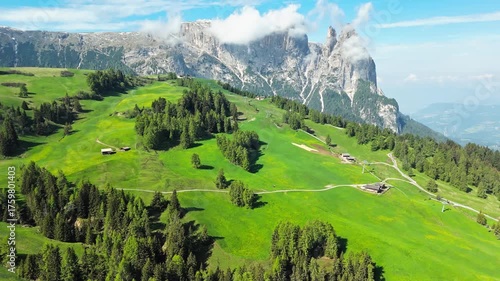 Dolomite cliffs beyond Alpe di Siusi pastures and farm tracks, aerial view. High-altitude plateau scenery in South Tyrol