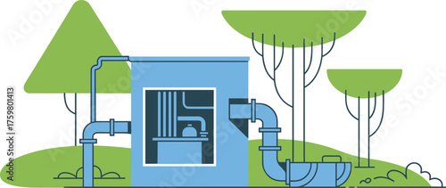 Modern compact nuclear reactor design in forest environment, clean energy technology illustration showing sustainable power generation and advanced engineering innovation