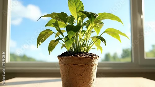 Potted Plant on Table, Sunny Window Background - Indoor Gardening
