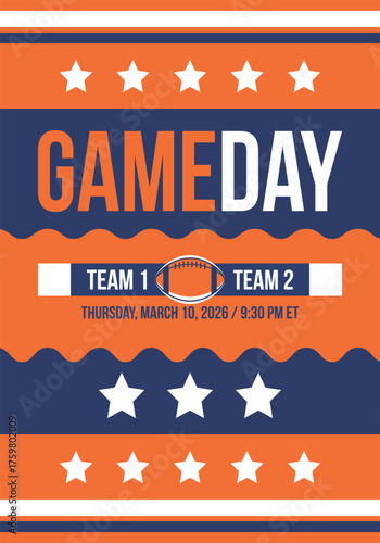 Game Day. American football playoff. Super Party in United States. Final game of regular season. Professional team championship. Ball for american football. Sport poster. Vector illustration
