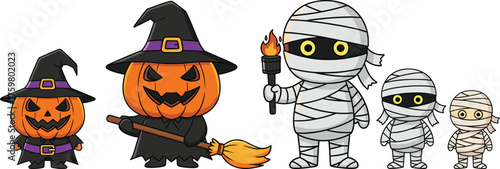 Halloween pumpkin witch and mummy cartoon illustration set, spooky festive character artwork, seasonal costume design, holiday decoration drawing, vector graphic collection