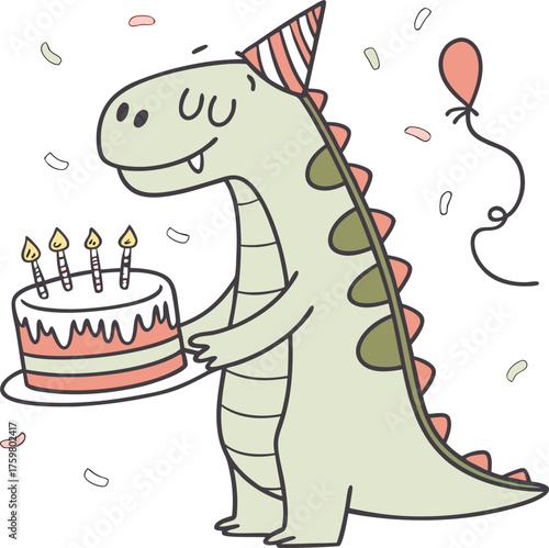 Cheerful Dinosaur Celebrating Birthday with Cake, Balloon, and Confetti Design
