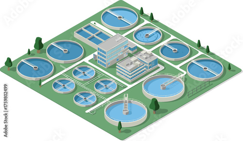 modern wastewater treatment plant facility with circular sedimentation tanks, clean water purification process,