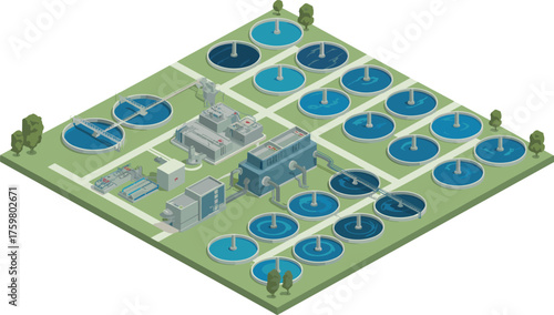 modern wastewater treatment plant facility with circular sedimentation tanks, clean water purification process,