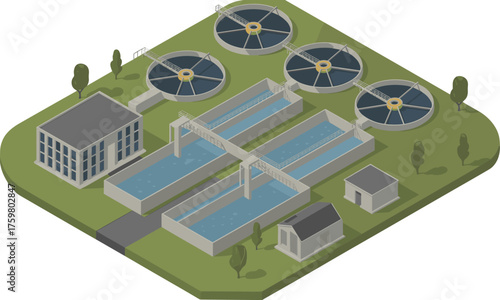 Modern wastewater treatment plant with circular clarifiers, sedimentation tanks, and administration building,