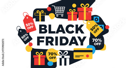 Black Friday sale banner with discounts gifts and shopping icons on white background
