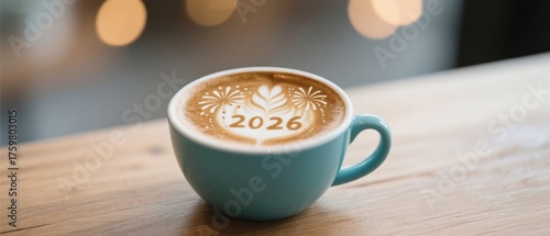 Coffee cup with 2026 latte art
