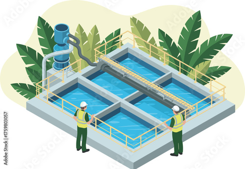 Modern wastewater treatment plant with engineers monitoring clean water filtration system, industrial purification process