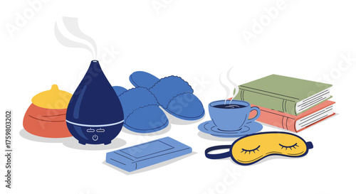Relaxing Evening Ritual Still Life: Aromatherapy Diffuser, Cozy Slippers, Warm Drink, and Books for Wellness at Home, Promoting Self-Care and Calmness, Featuring Soft Colors in a Minimalist, Modern St