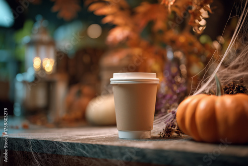 A cup of coffee to go from a fall themed coffee shop. Autumn background. 