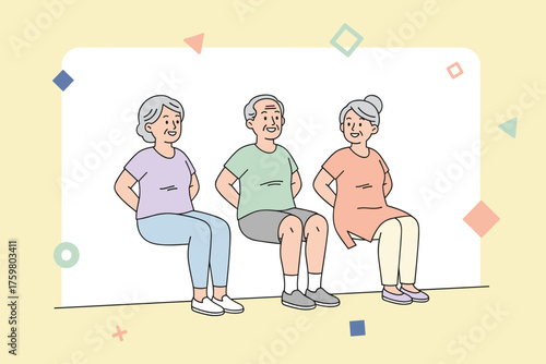 Elderly people happily doing wall sit exercise for an active healthy lifestyle