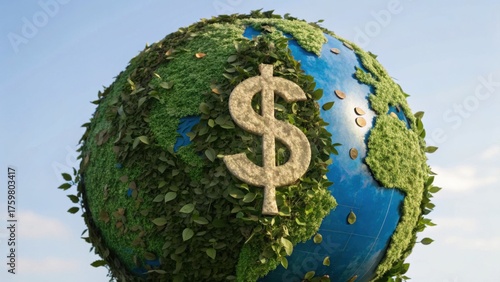 A green globe covered in leaves features a prominent dollar sign, symbolizing the intersection of ecology and economy.