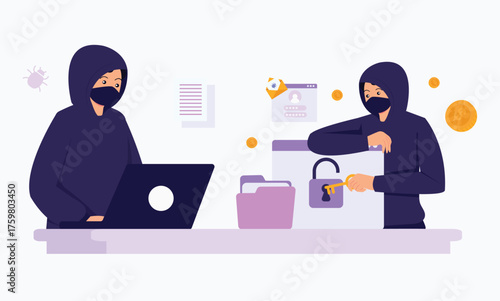 Masked hackers using laptops to steal data