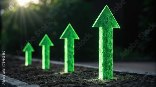 Bright green upward arrows in soil symbolize growth and progress, illuminated by sunlight, creating a hopeful and energizing atmosphere.