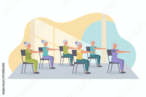Group of cheerful seniors doing chair exercises together for an active and healthy lifestyle