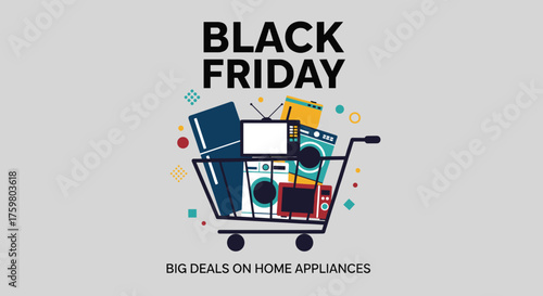 Black Friday sale vector illustration with cart full of major household appliances