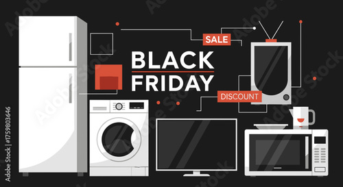 Black Friday sale banner with consumer electronics and household appliances illustration