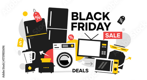 Black Friday mega sale promotion banner featuring major electronics and household goods