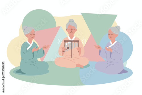 Three elderly Asian women meditate and play chimes promoting relaxation and wellness