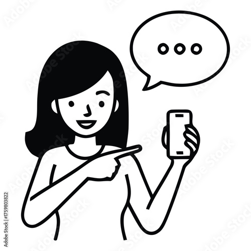 Smiling Woman Holding Smartphone and Pointing Up with Speech Bubble
