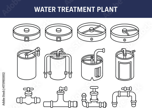 Water treatment plant process illustration showing filtration tanks, sedimentation basins, purification systems,