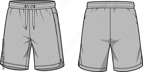 Modern gray athletic shorts front and back view, minimalist design, drawstring waistband, stylish activewear, comfortable casual fashion, perfect summer sportswear.