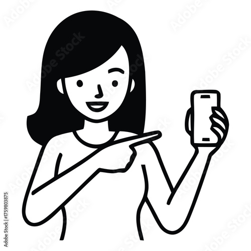 Happy Woman Presenting Mobile Device with Pointing Gesture Illustration