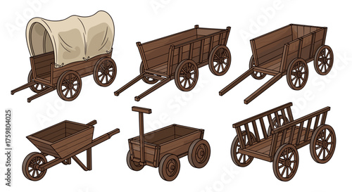 Assorted Wooden Carts & Wagons for Historical Transportation, Farm Equipment, & Rustic Décor Illustration: Vintage Wheeled Vehicles for Logistics, Agriculture, and Old-World Craftsmanship in Brown Woo