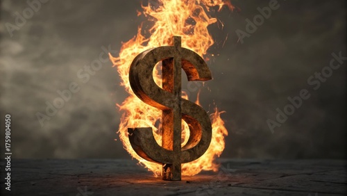 A glowing dollar sign is engulfed in flames, symbolizing wealth, destruction, and the volatile nature of money.