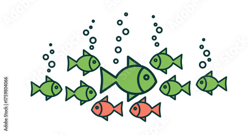 School of Colorful Fish Swimming Together Underwater with Bubbles - Marine Life Illustration for Children's Education, Aquatic Ecosystems, Nature Conservation,  Modern Graphic Design, Presentation Bac