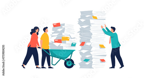Overwhelmed Professionals Managing Excessive Paperwork in Office Environment, Illustrating Bureaucracy, Administration, and Workplace Stress. Conceptual of Efficiency, Productivity and Time Management