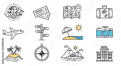 Travel and Tourism Icons Set: Exploring the World, Planning Adventures, and Discovering New Destinations for Vacation, Leisure, Recreation, and Global Business with Simple Line Art Graphics for Market