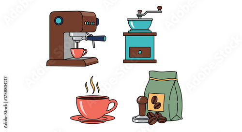 Artisanal Coffee Brewing Set Illustration: Espresso Machine, Grinder, Tamper, Beans & Steaming Cup for Cafe Menu, Barista Guide, Coffee Shop Marketing & Product Design, Aromatic Indulgence, Retro Styl
